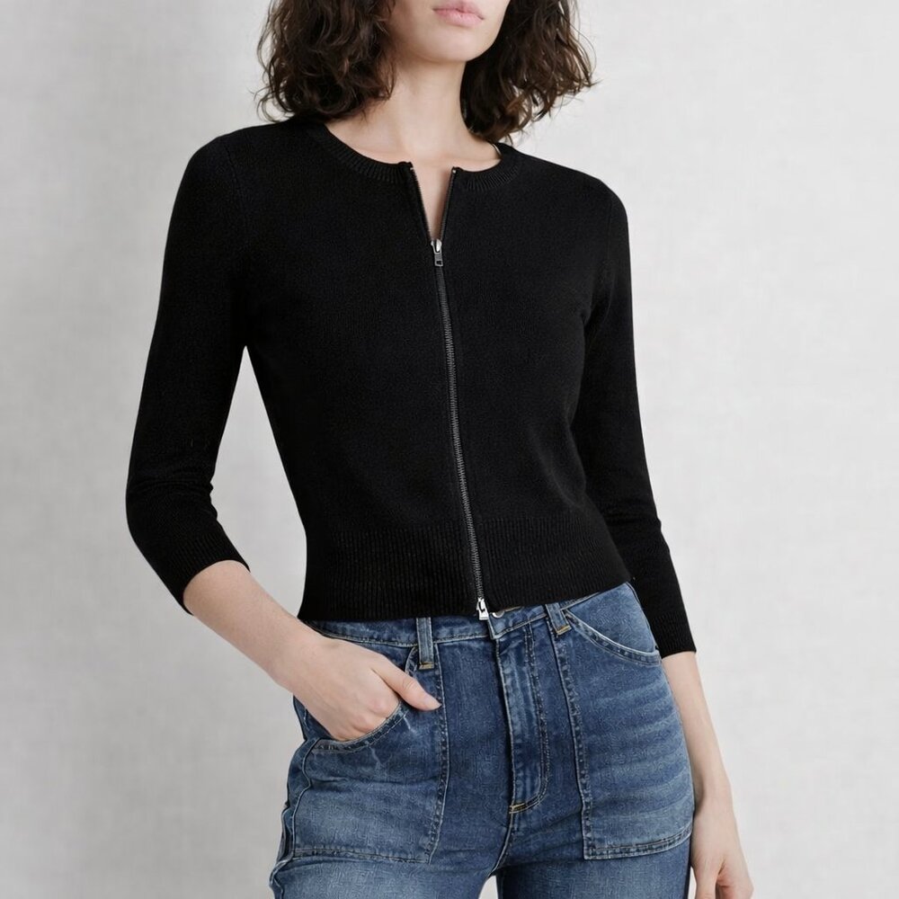 18-8 Nili Lotan Women Cashmere Sweater Cardigan Zip 3/4 Sleeves Black, Women XS